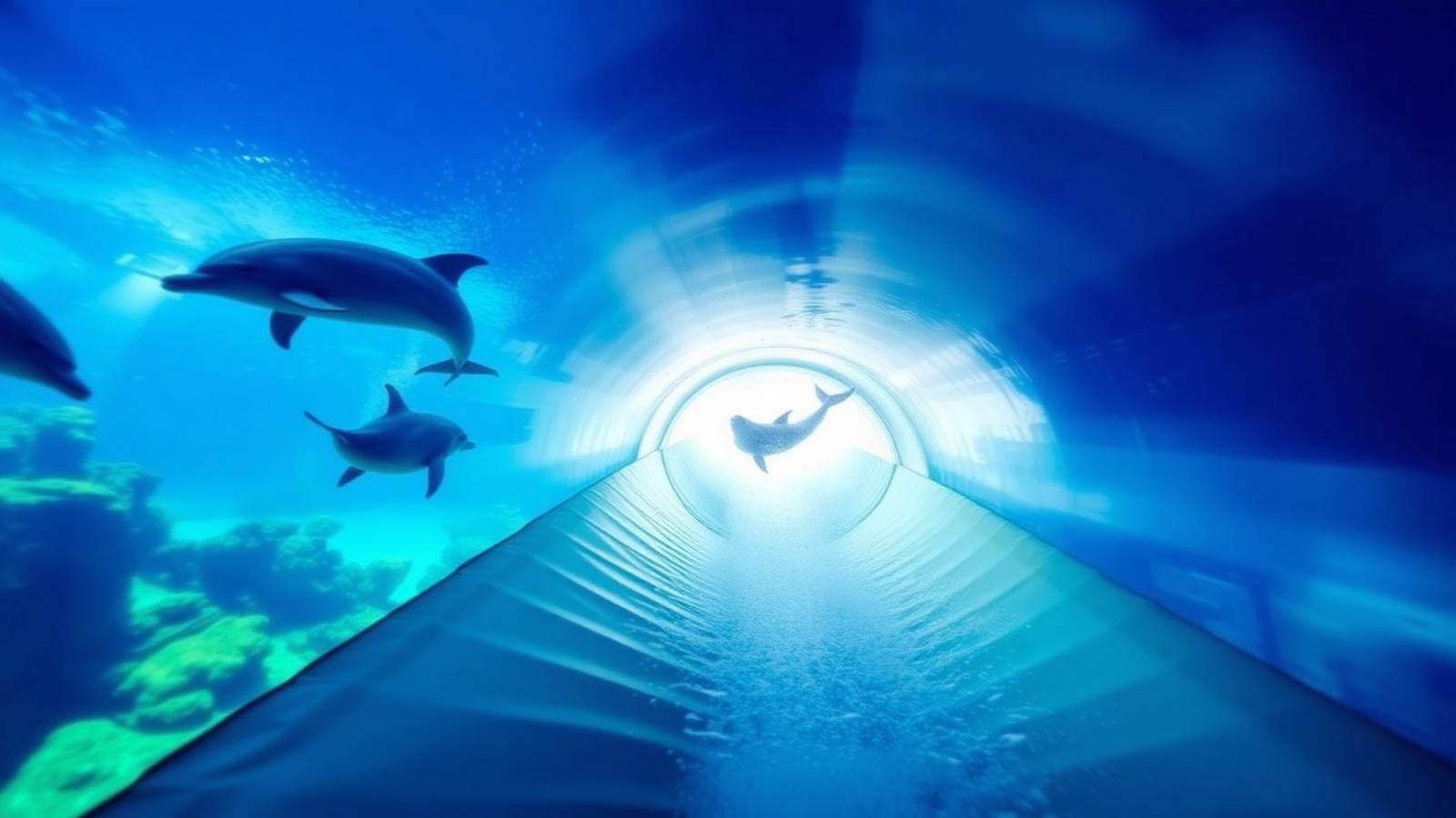 Dolphin Plunge water slide passing through a live dolphin habitat at Aquatica
