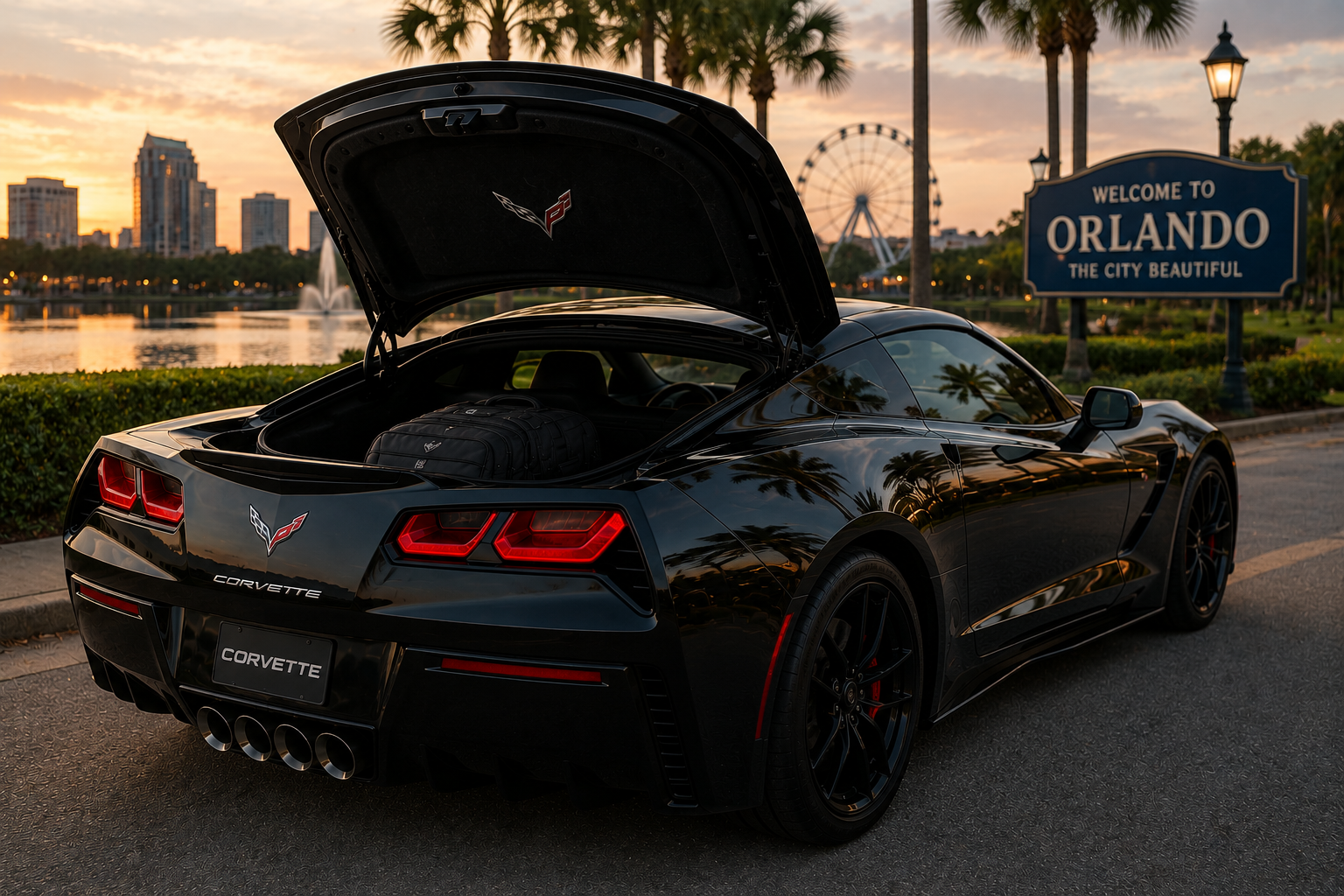 Corvette Stingray trunk packed with luggage