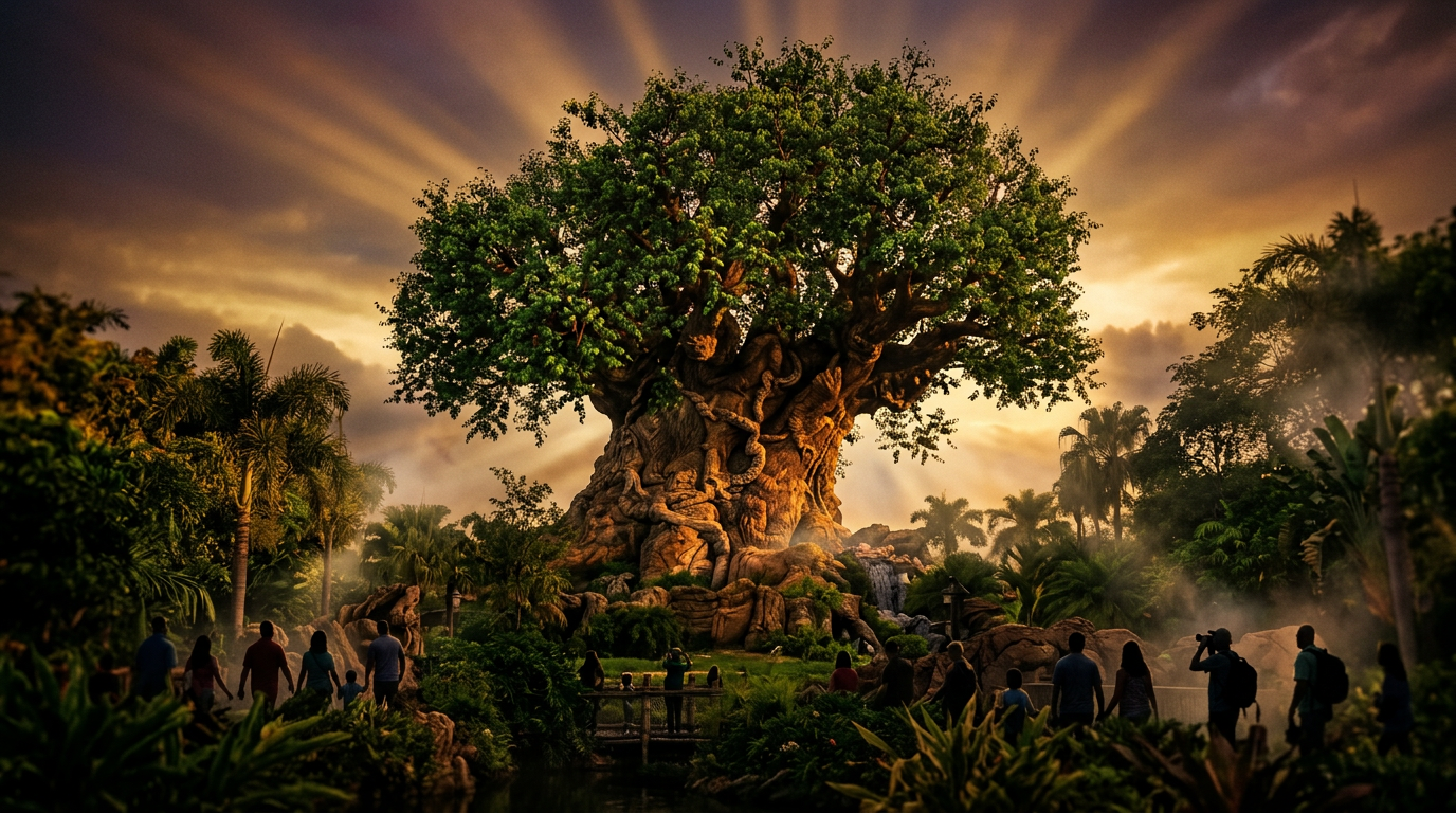 Animal Kingdom's Tree of Life glowing at dusk