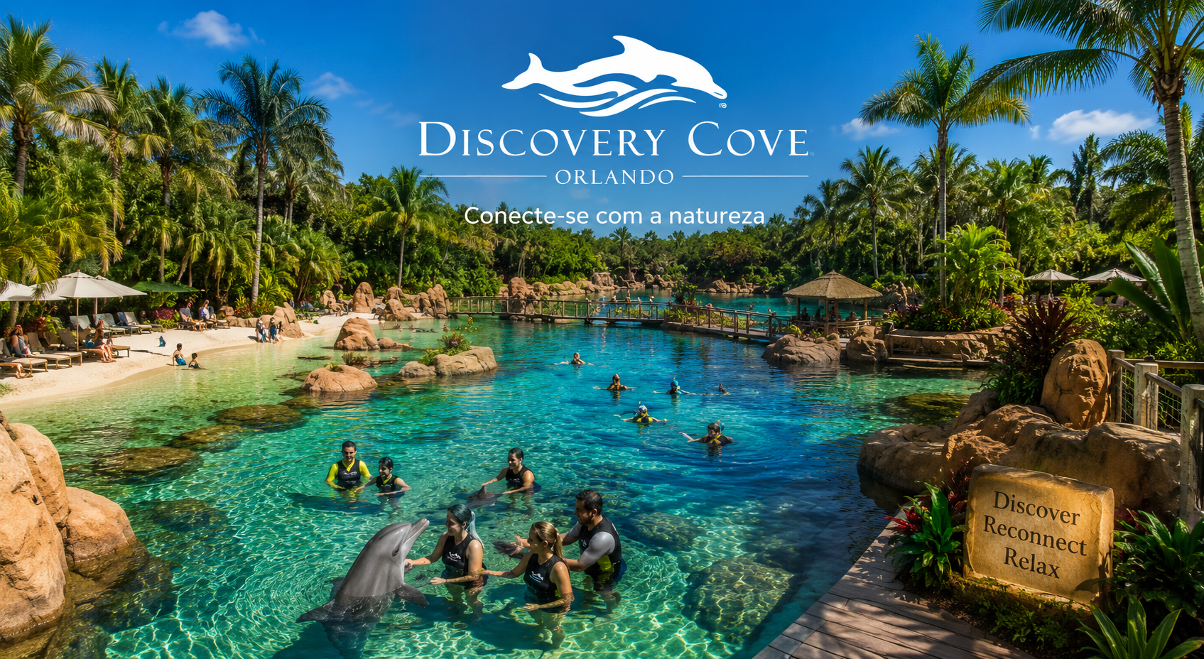 Person swimming with a dolphin in the turquoise lagoon at Discovery Cove Orlando