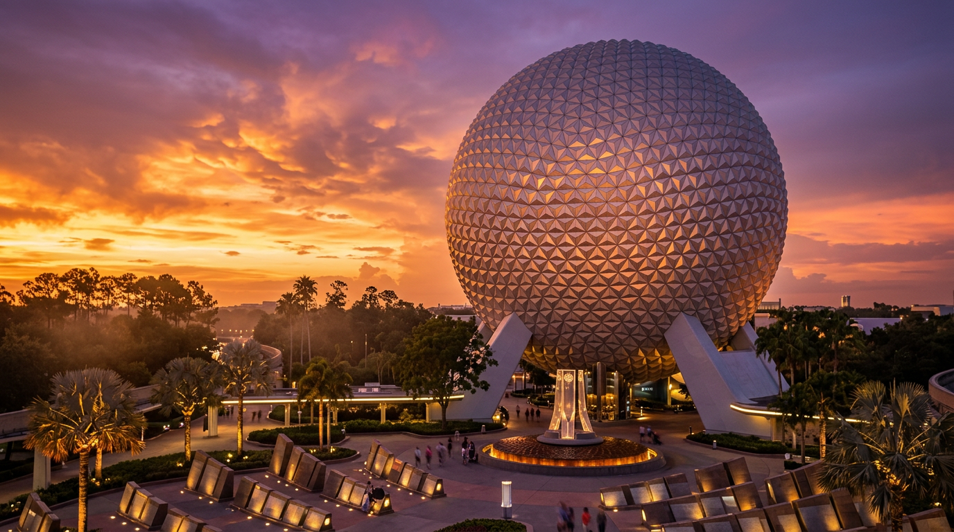 Spaceship Earth at EPCOT at sunset