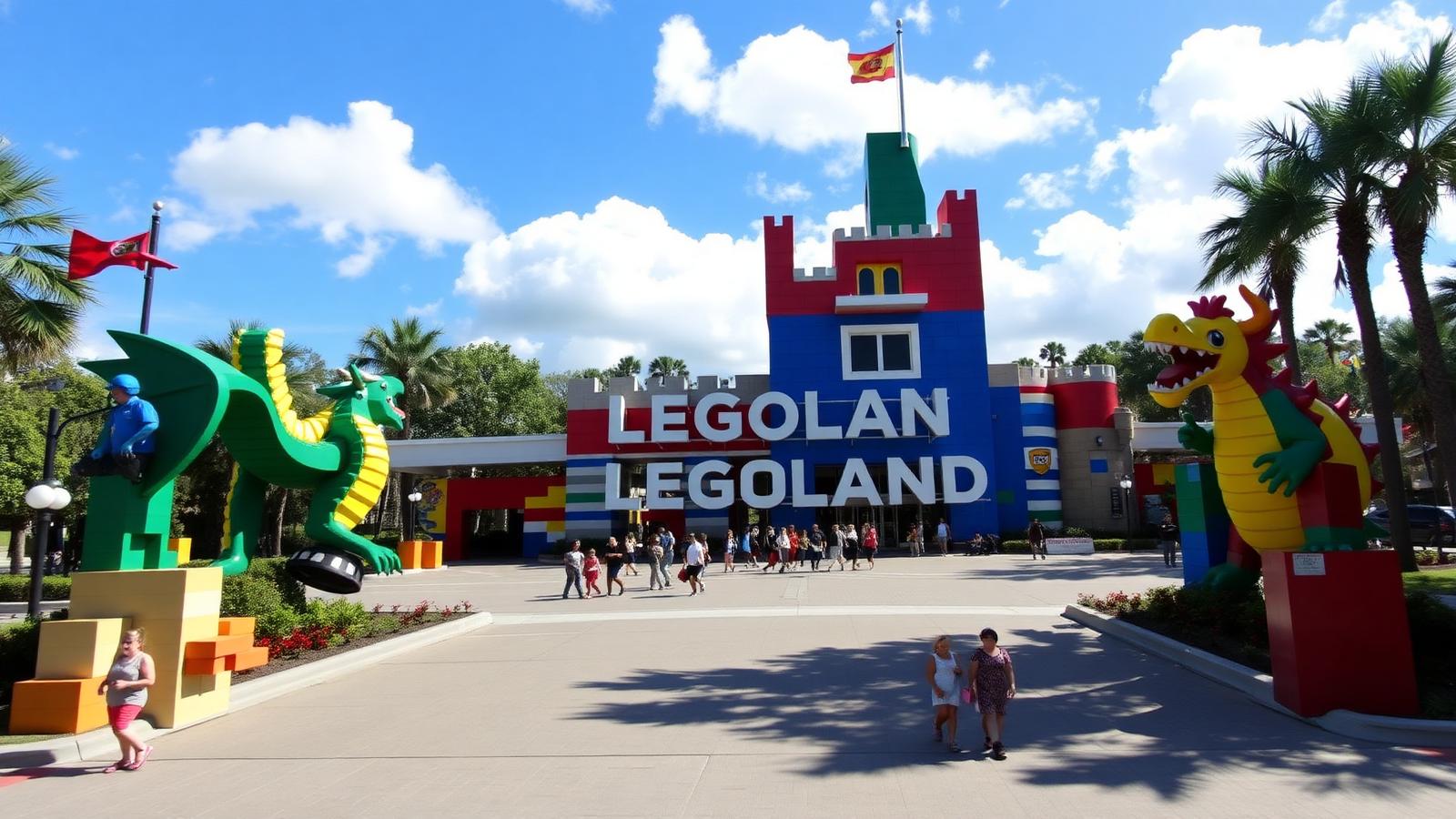 Legoland Florida entrance with Lego castle and dragons