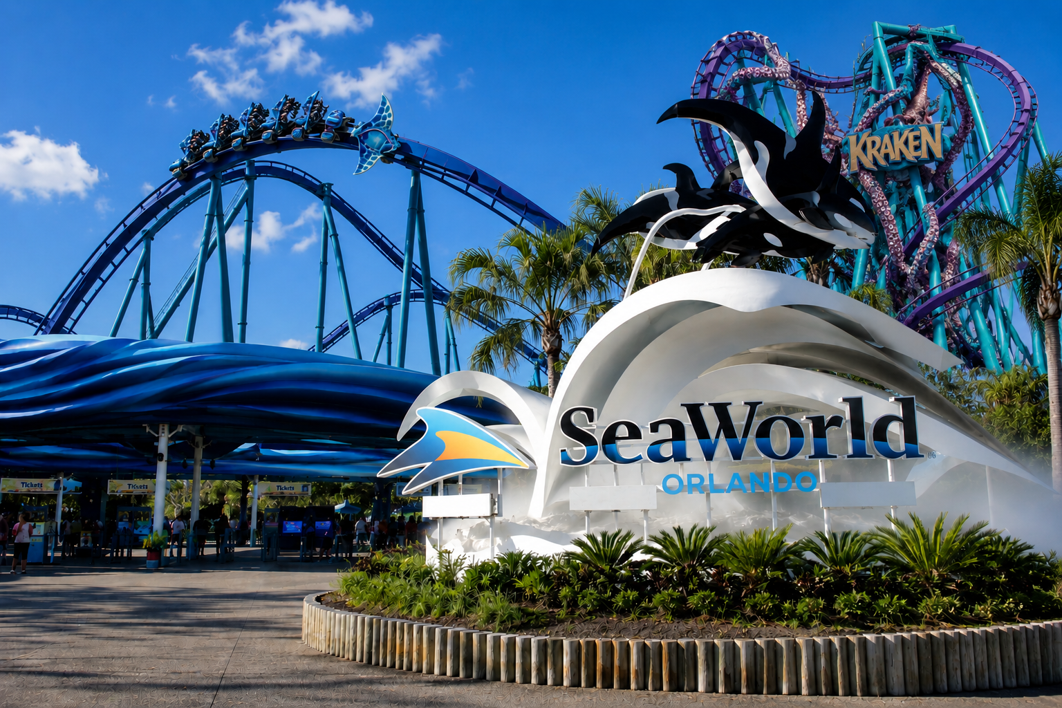 Mako roller coaster racing over the lake at SeaWorld Orlando