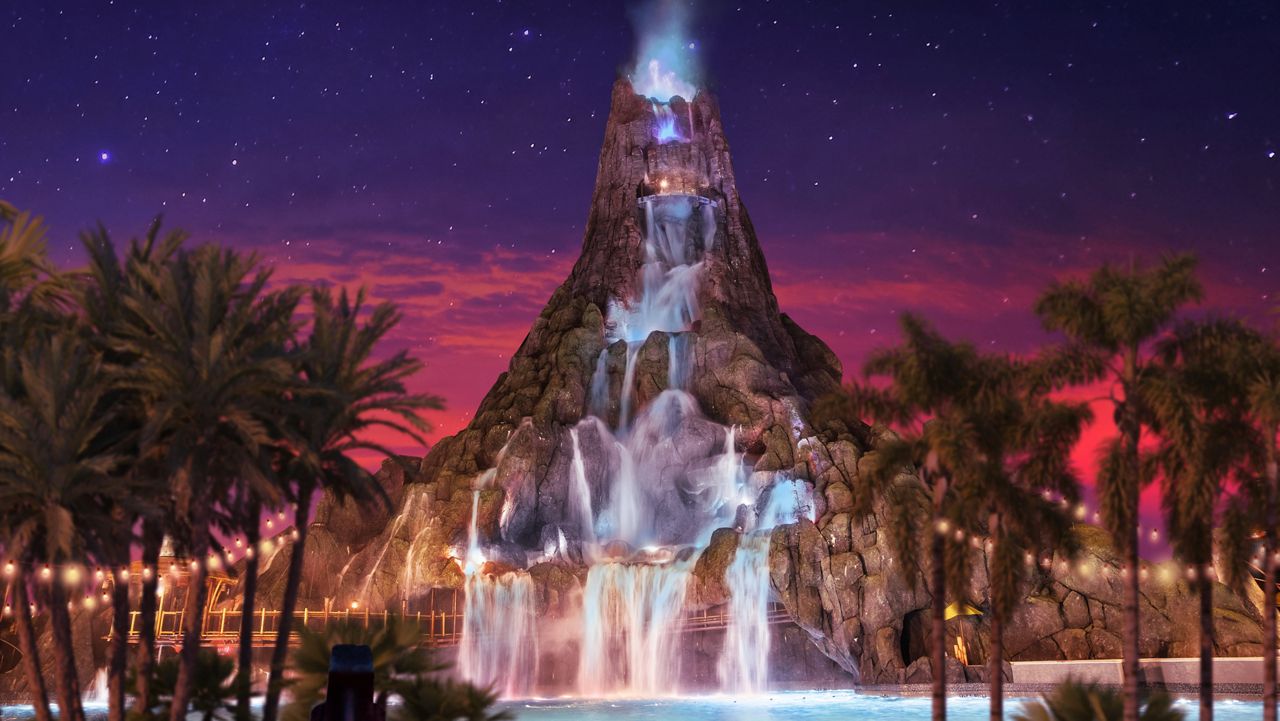 The 200-foot Krakatau volcano at Volcano Bay with waterfalls and tropical pools below