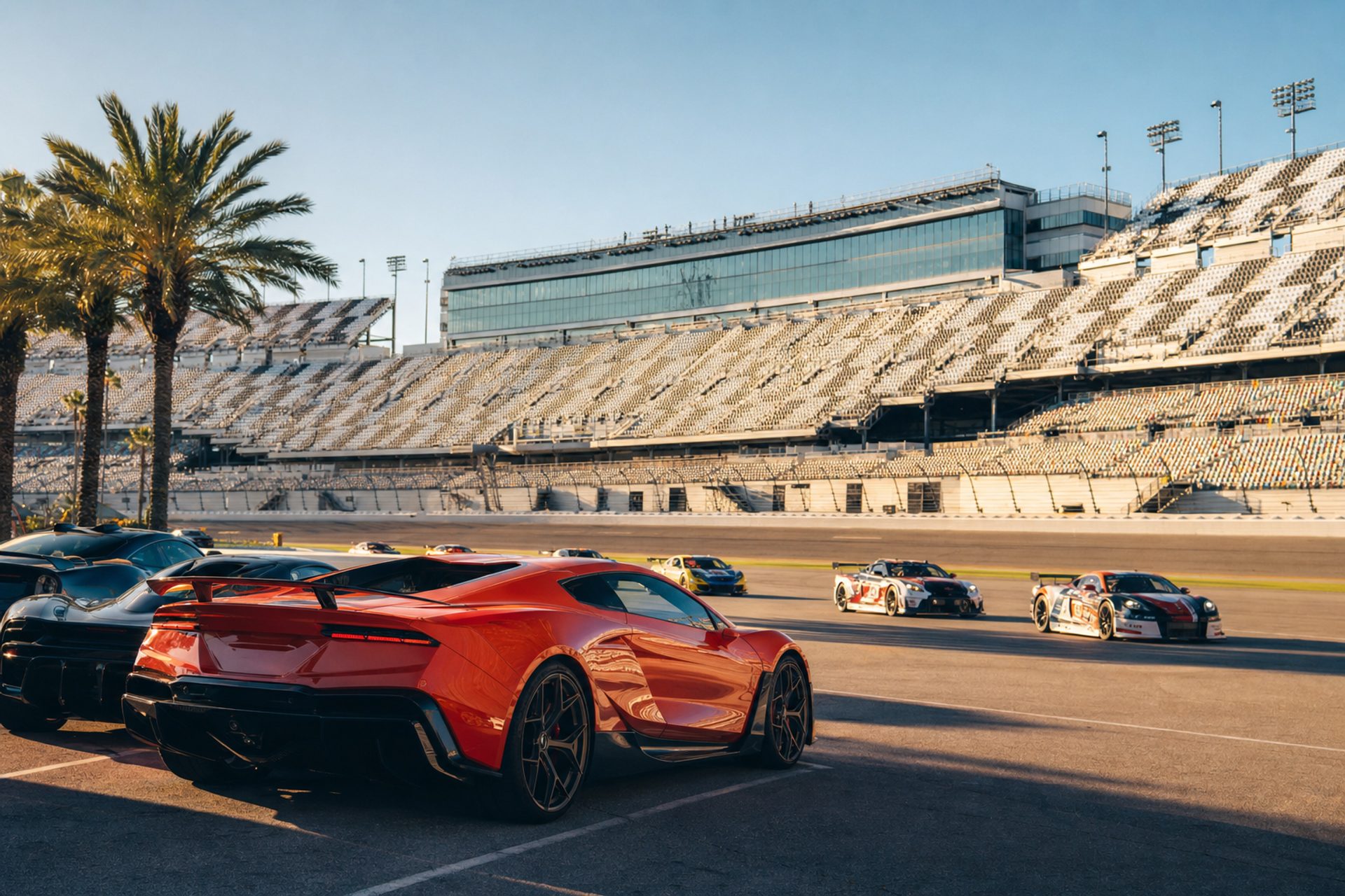 Daytona International Speedway oval track with grandstands