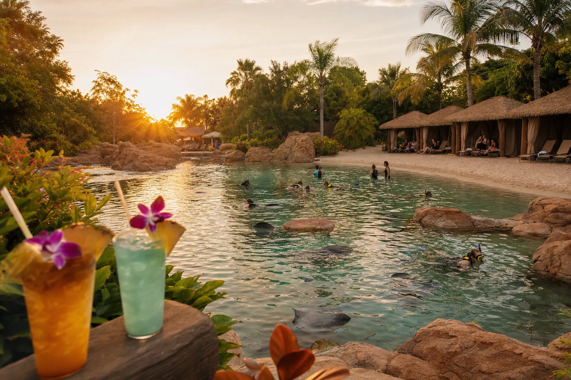 A perfect day at Discovery Cove: snorkeling, cabanas, tropical drinks, and sunset