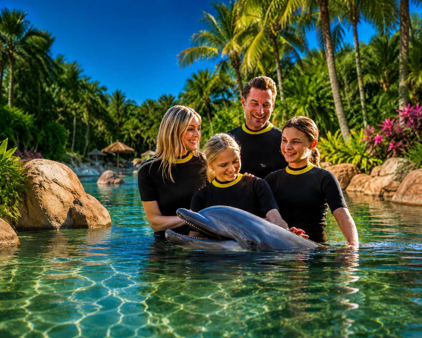 Person hugging and kissing a dolphin in the Discovery Cove lagoon