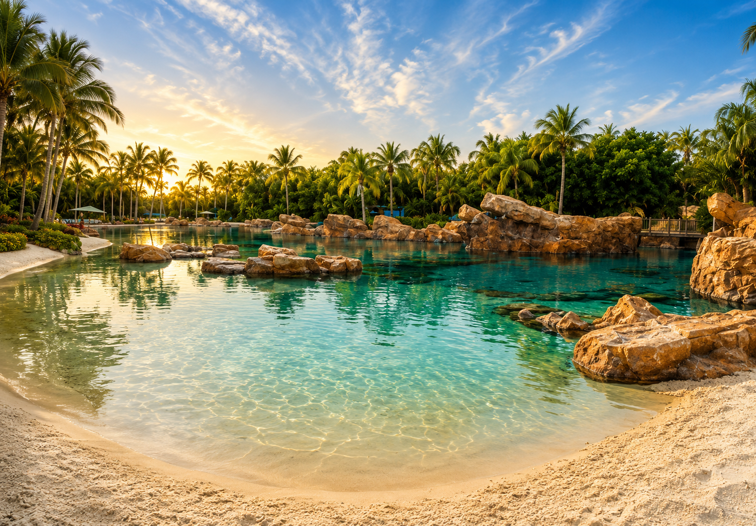 Panoramic view of Discovery Cove showing the Dolphin Lagoon, Grand Reef, and Freshwater Oasis