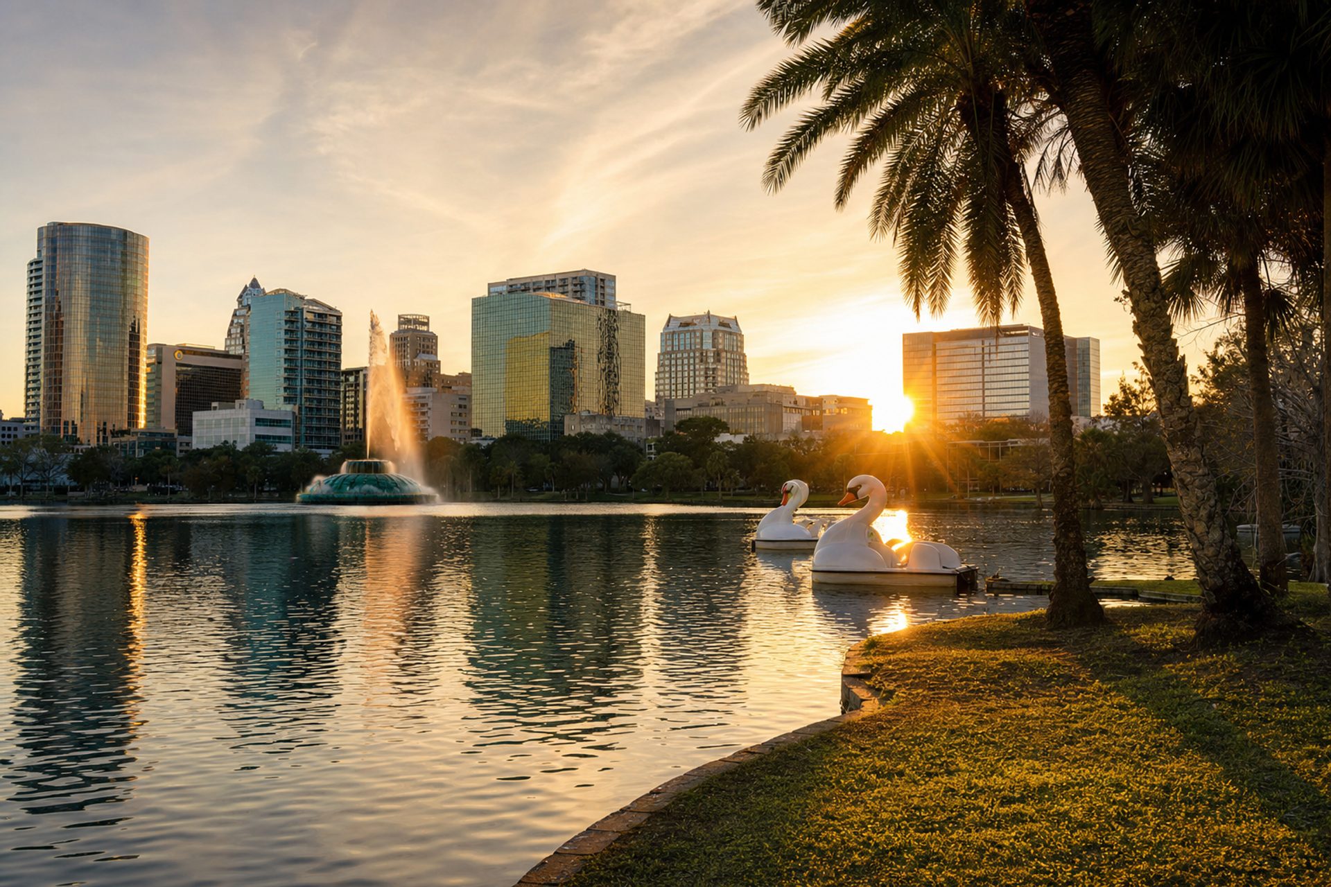 Downtown Orlando skyline at dusk with Lake Eola fountain