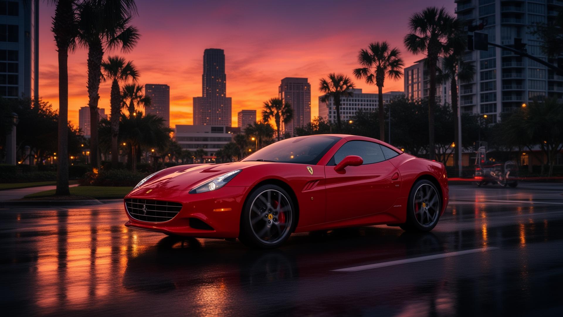 Red Ferrari parked in front of a luxury Orlando hotel at sunset
