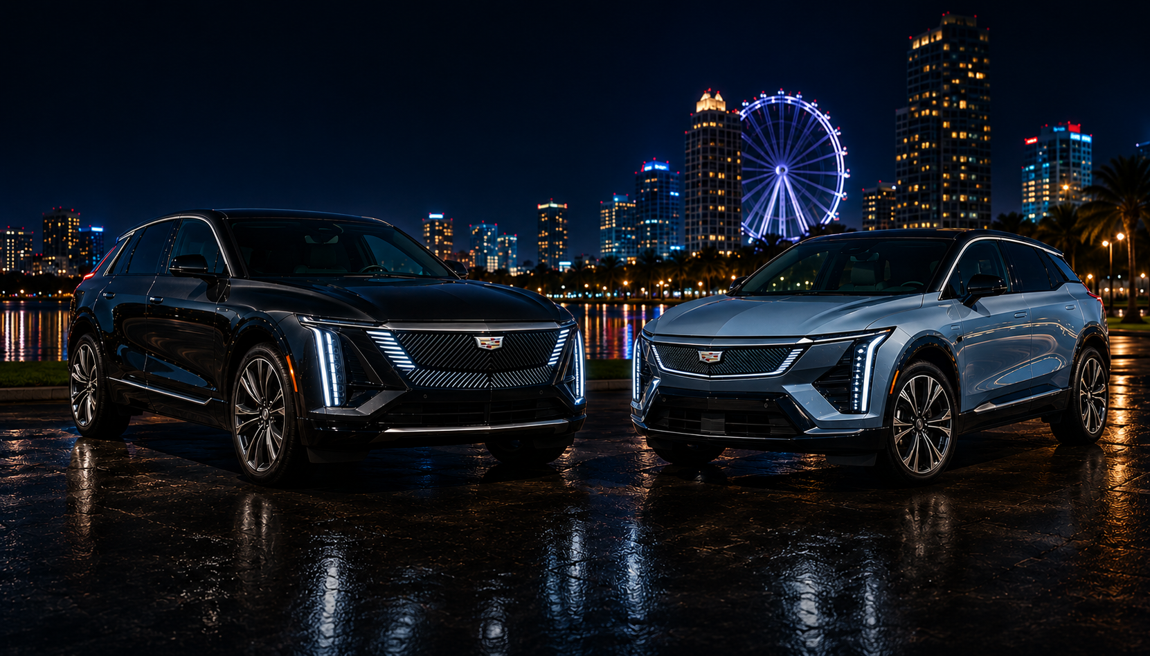 Cadillac Lyriq and Optiq electric SUVs in Orlando at night