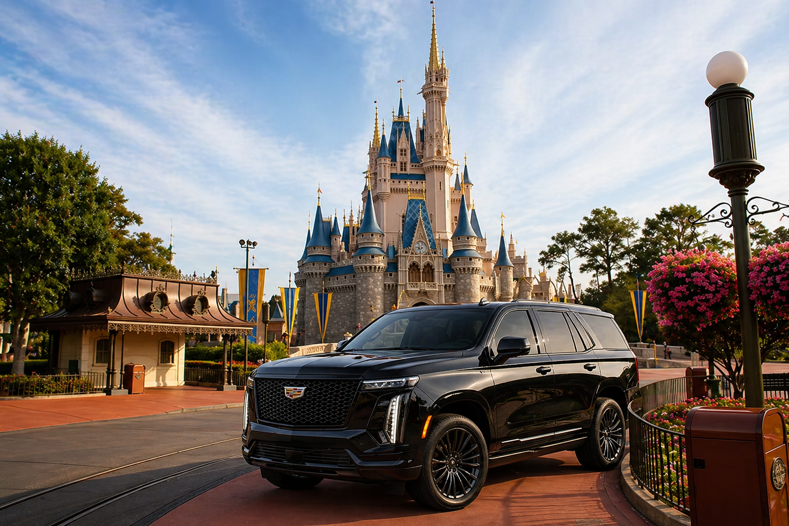 Cadillac Escalade preta em frente ao Castelo da Cinderela, Magic Kingdom Orlando