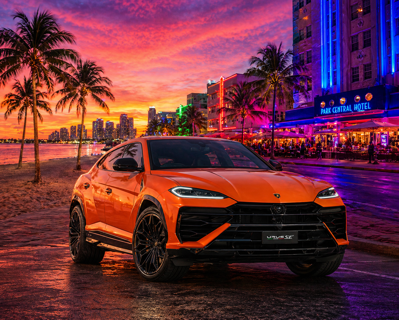 Lamborghini Urus laranja em Ocean Drive Miami