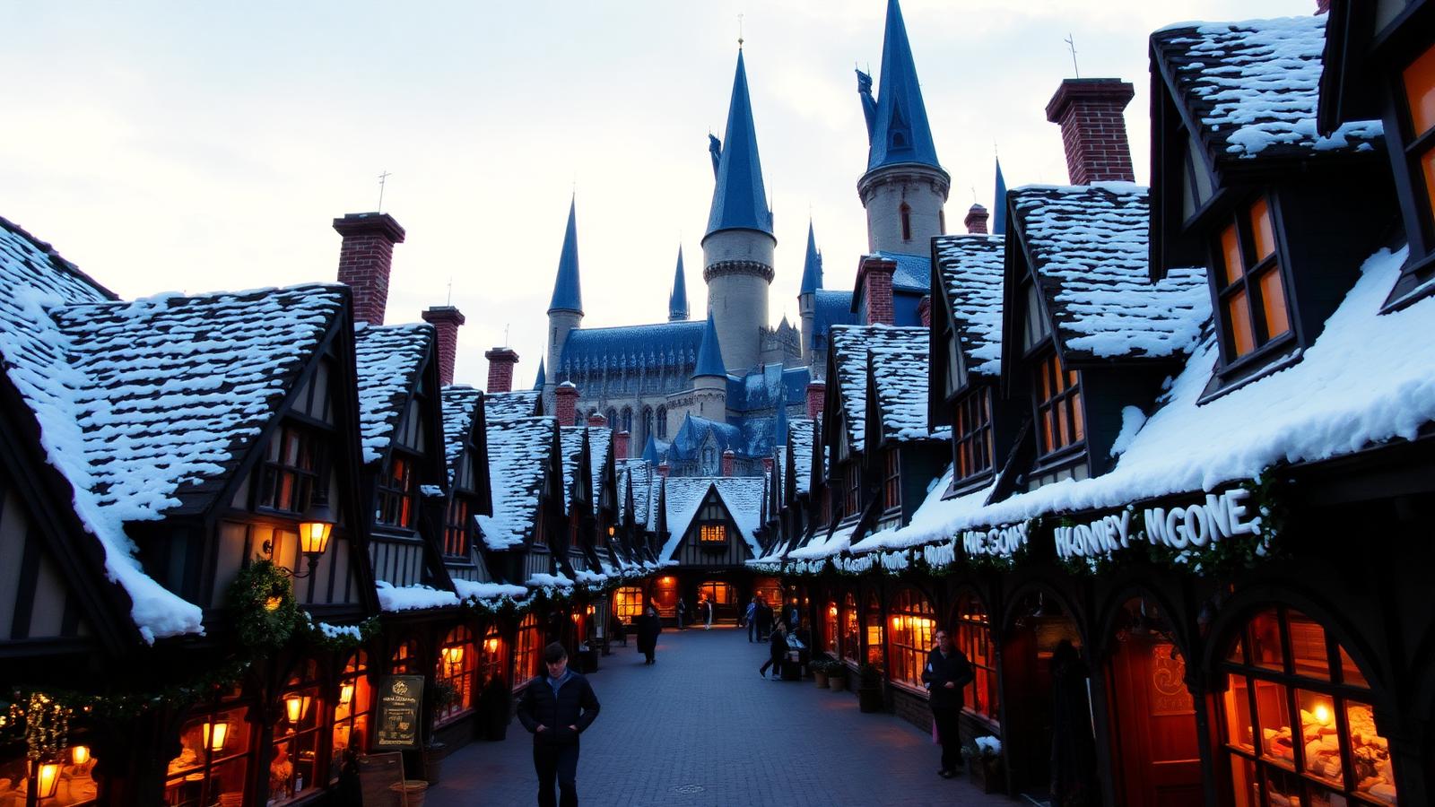 Hogsmeade village with Hogwarts Castle in the background