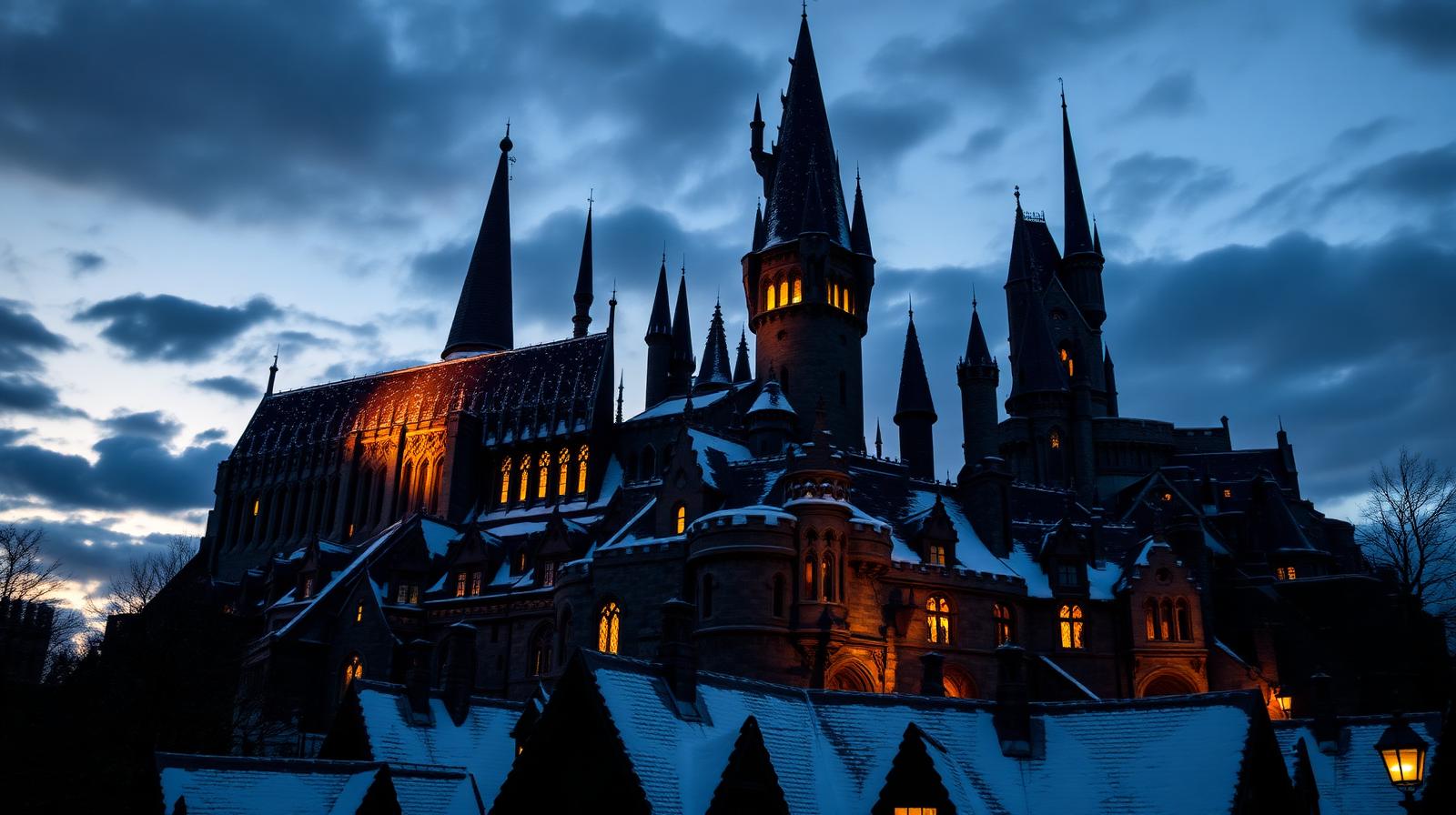 Hogwarts Castle at dusk with snow in Hogsmeade