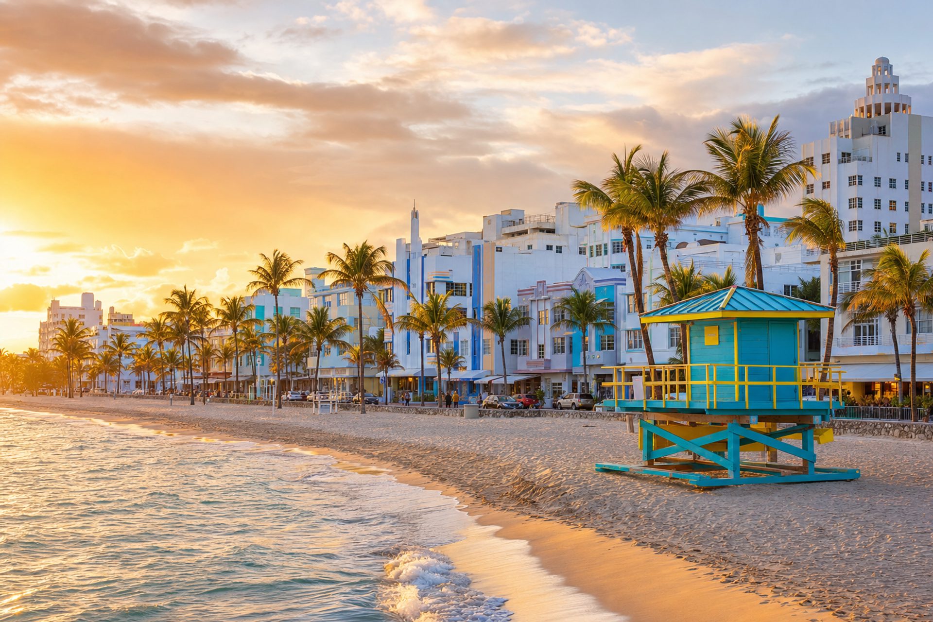 Ocean Drive in South Beach with colorful Art Deco hotels