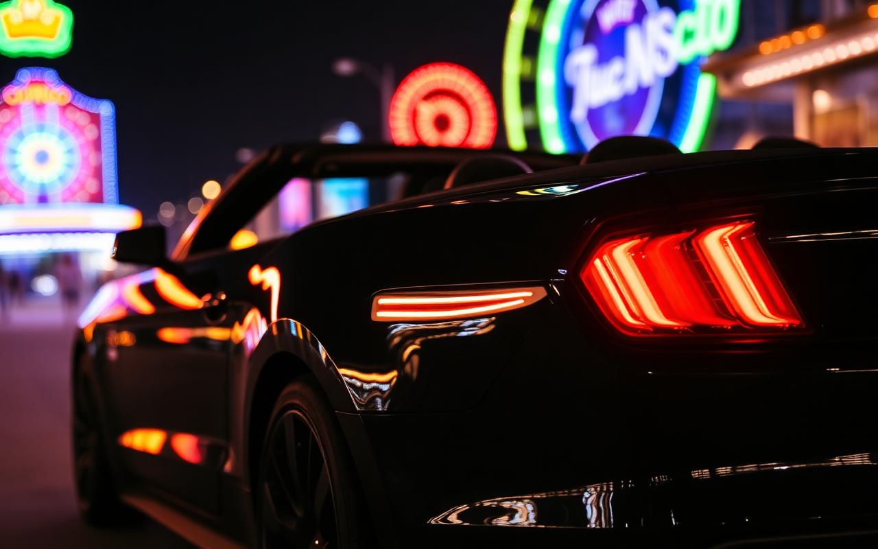 Ford Mustang convertible at night in Orlando