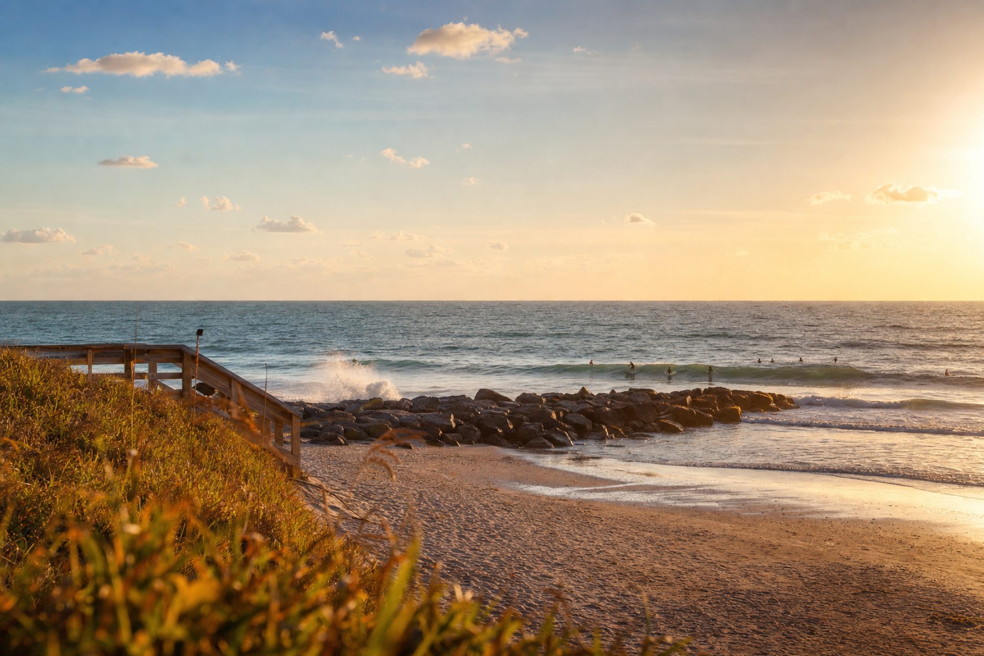 A surfer riding a wave at quiet New Smyrna Beach, Florida