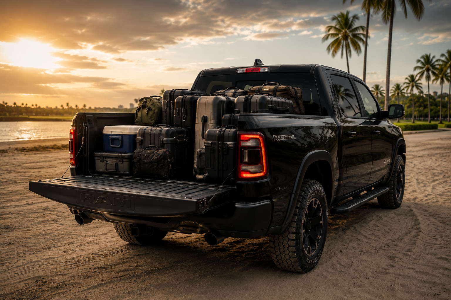 Ram 1500 Rebel bed loaded with luggage on a Florida beach