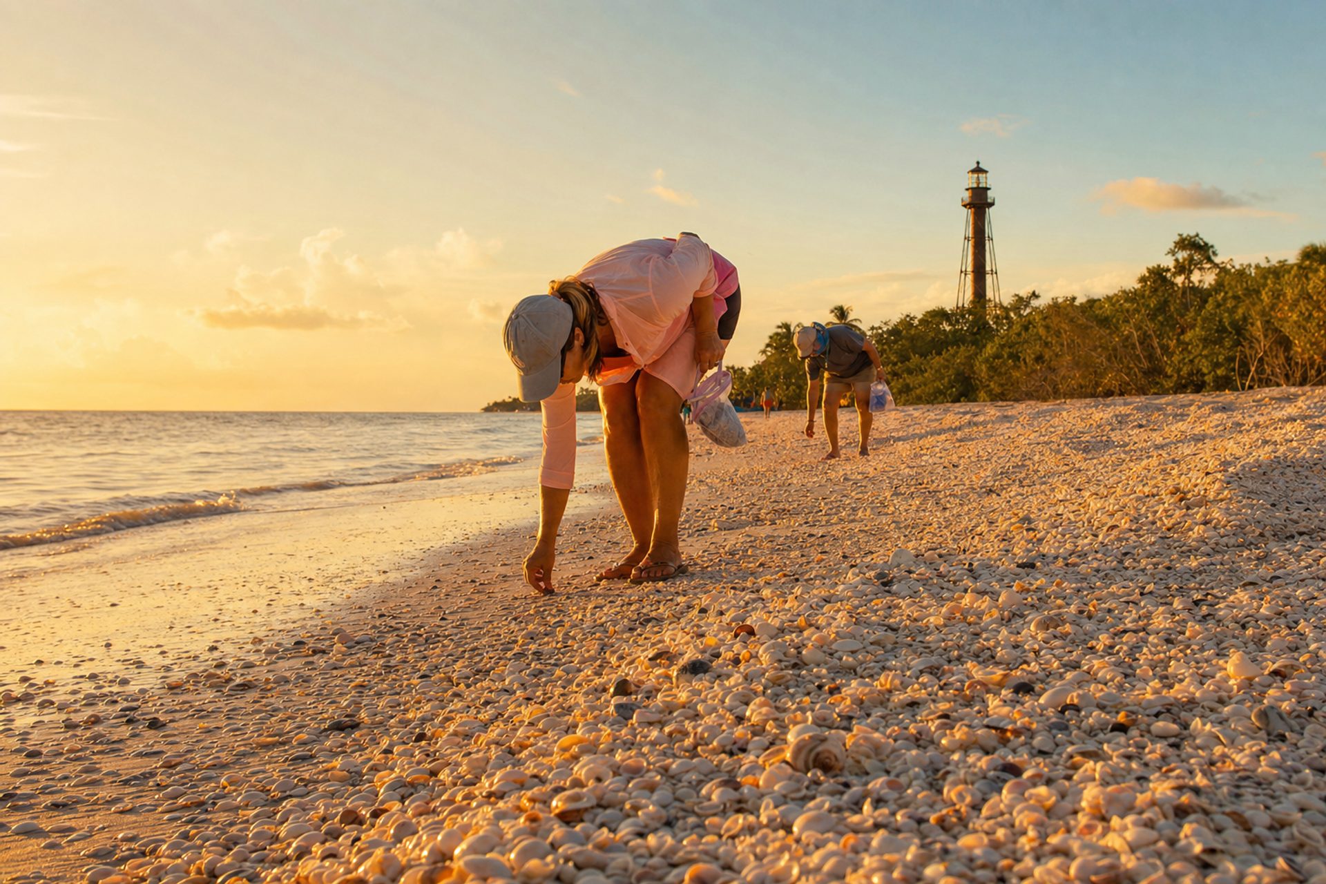 Colorful seashells scattered across the white sand of Sanibel Island