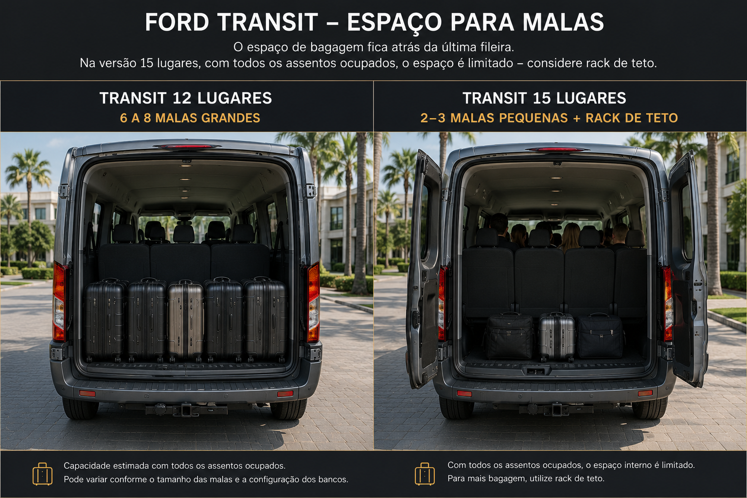 Rear of the Ford Transit loaded with suitcases