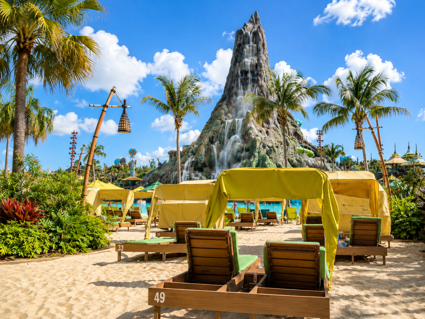 Private Premium Seating cabanas overlooking the pools at Volcano Bay