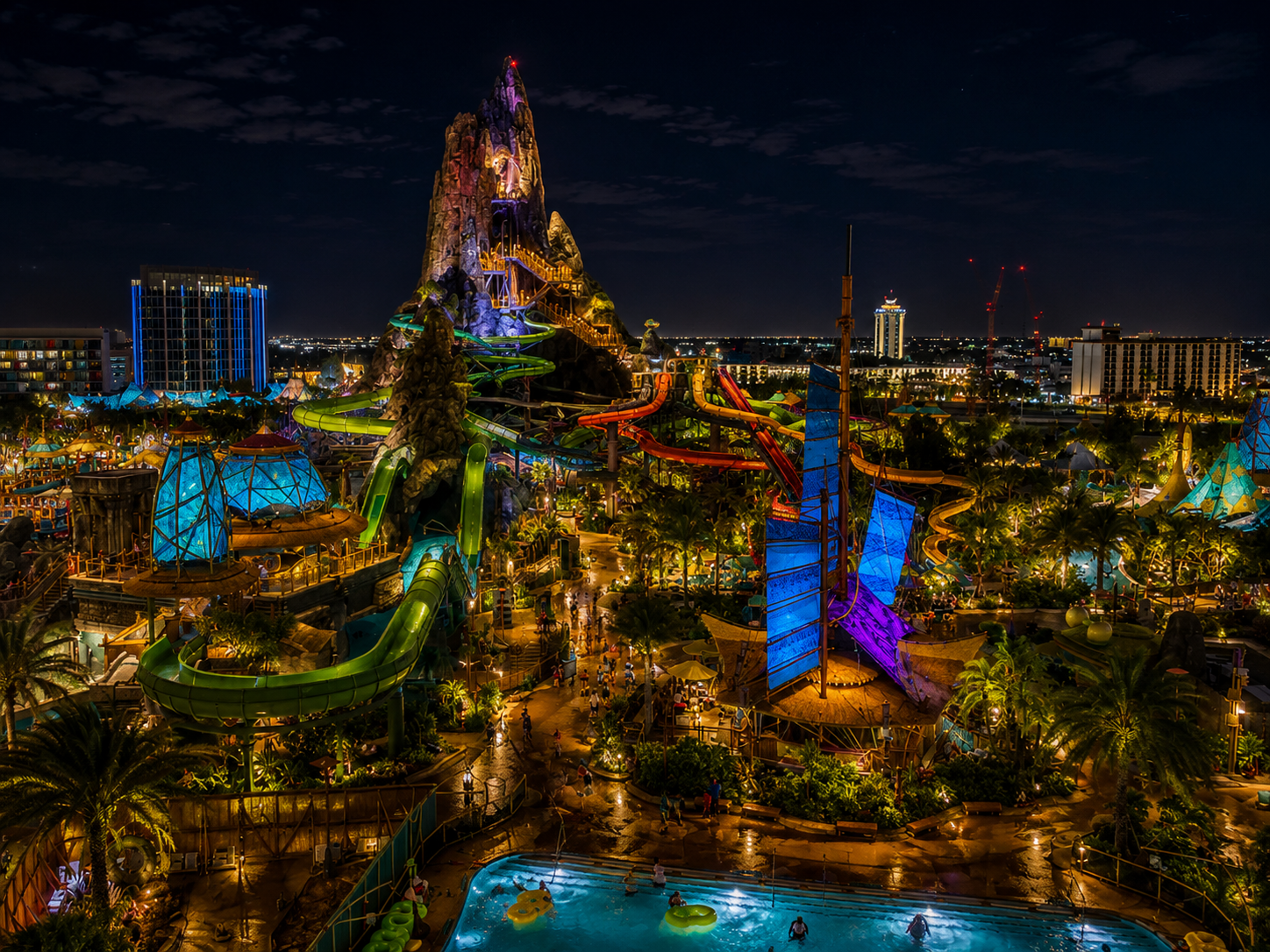The Krakatau volcano at Volcano Bay with waterfalls cascading down its slopes