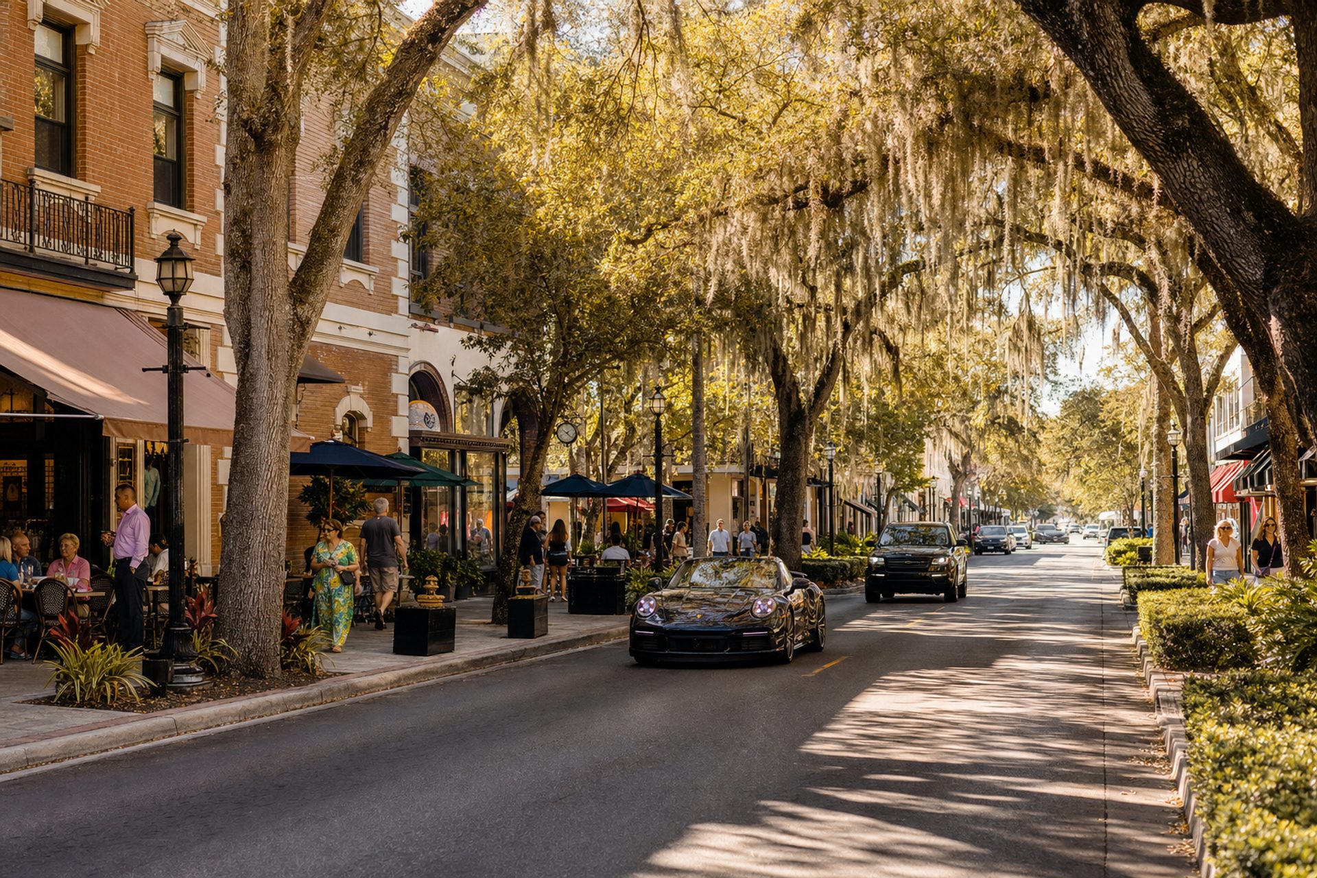 Park Avenue in Winter Park, Florida lined with oak trees and boutiques